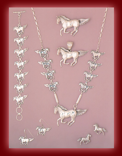 Sterling Silver Horses in Pendants, Necklaces, Earrings, Bracelets, and Pins.