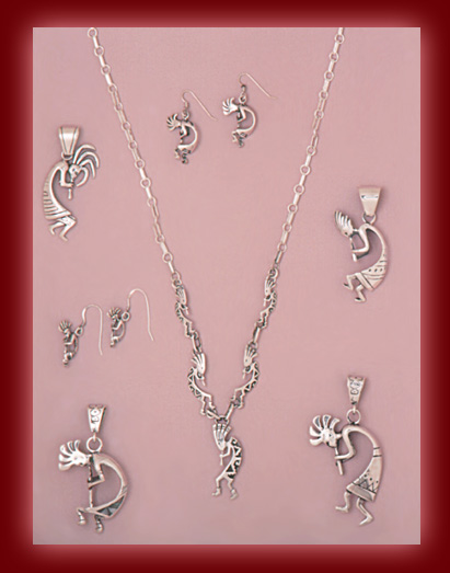 Sterling Silver Kokopelli figures in Pendants, Necklaces, and Earrings.