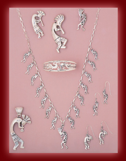 Sterling Silver Kokopelli figures in Pendants, Necklaces, Bracelets, and Earrings.