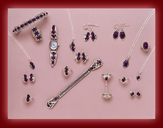 Amethyst pendants, bracelets, earrings, rings, and watch bands.