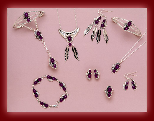 Sterling silver settings of Amethyst in bracelets, earrings, rings, and a bracelet & ring comination.
