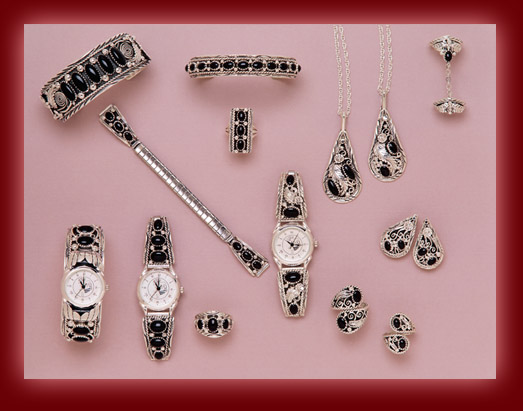 Sterling silver settings of Black Onyx are created into beautiful pendants, earrings bracelets, and rings.