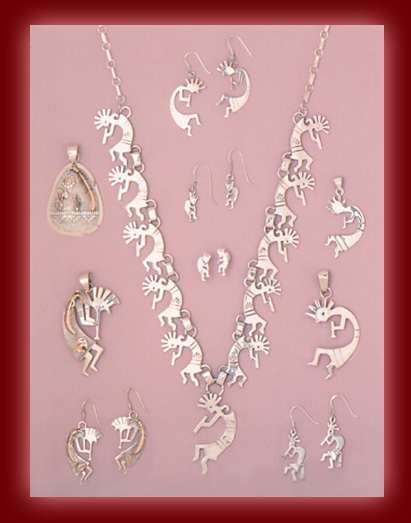 Sterling Silver and Gold Kokopelli figures in Pendants, Necklaces, and Earrings.