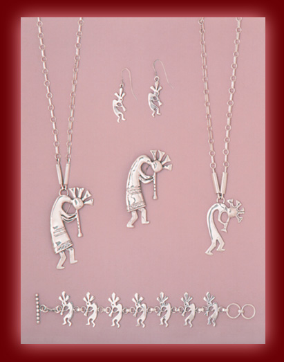 Sterling Silver Kokopelli figures in Pendants, Pins, Necklaces, Bracelets, and Earrings.