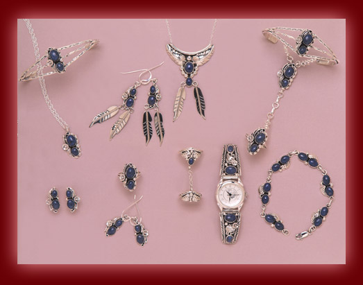 Beautiful silver jewelry settings of Denim Lapis in pendants, earrings, rings, bracelets, necklaces, and watch bands.