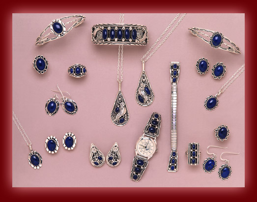 The beautiful blue azure stone of Lapis Lazuli is used to decorate the silver settings of pendants, necklaces, earrings, rings, bracelets, bolas, belt buckles, and watch bands.