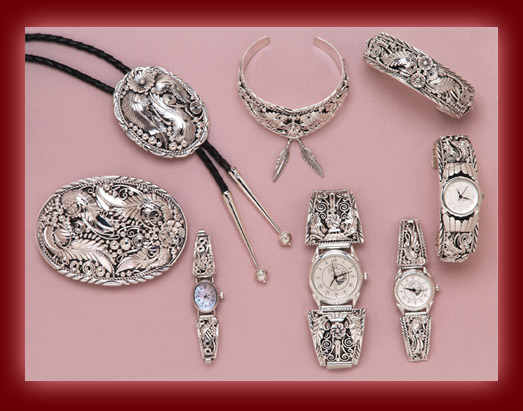 Sterling Silver is fashioned into Navajo pendants, necklaces, earrings, rings, bolas, bracelets, and watch tips.
