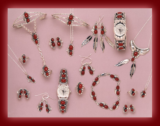 Necklace, pendants, earrings, rings, bracelets, and watch bands made from Red Coral and sterling silver.