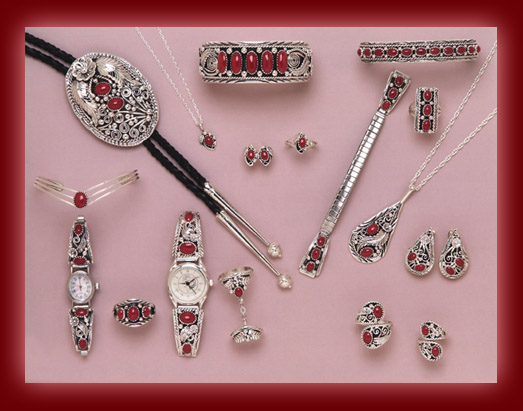 Necklace, pendants, earrings, rings, bracelets, Bolas, and watch bands made from Red Coral and sterling silver.