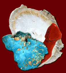 A unique combination of Turquoise, Red Coral, and Mother of Pearl gemstones.