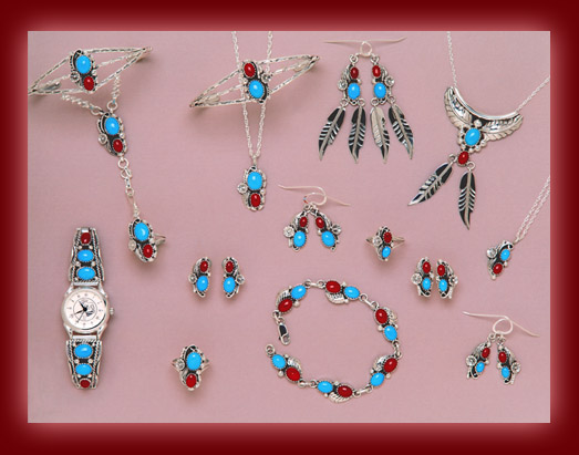 Turquoise and Red Coral gemstones mounted on silver pendants, earrings, necklaces, bolas, bracelets, and watch tips.