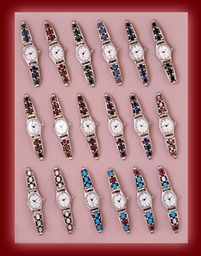 Navajo Indian designed watches and bands for women and men with gemstones of Lapis, Opal, tiger eye, Black Onyx, and amber.