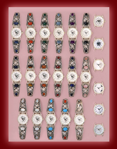 Navajo Indian designed watches and bands for women and men with gemstones of turquoise,red Coral, Mother of Pearl,and Paua Shell.