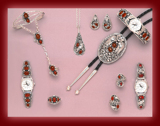 jewelry using amber gemstones mounted in sterling silver setting for pendants, bracelets, bolas, rings, and watch bands.
