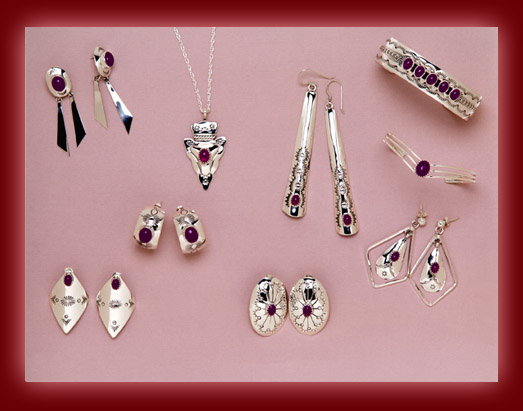 amethyst gemstones in sterling silver settings of bracelets,earrings, and pendants.