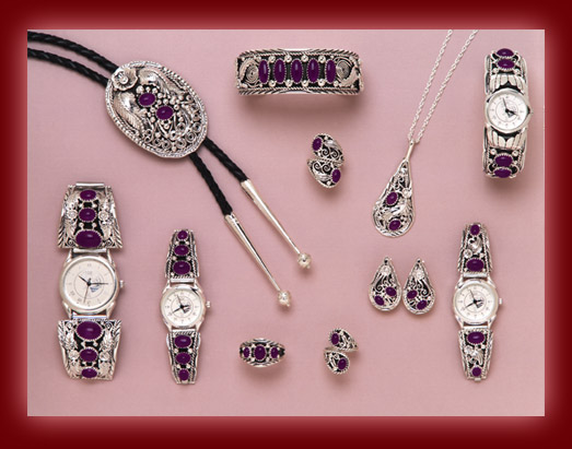 Amethyst Gemstones and silver used to create jewelry in the form of bracelets, pendants, Bolas, rings, and watch bands.