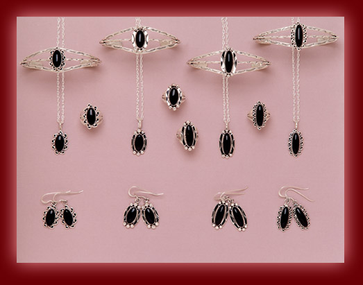 Sterling silver settings of Black Onyx are created into beautiful pendants, earrings, bracelets, and rings.
