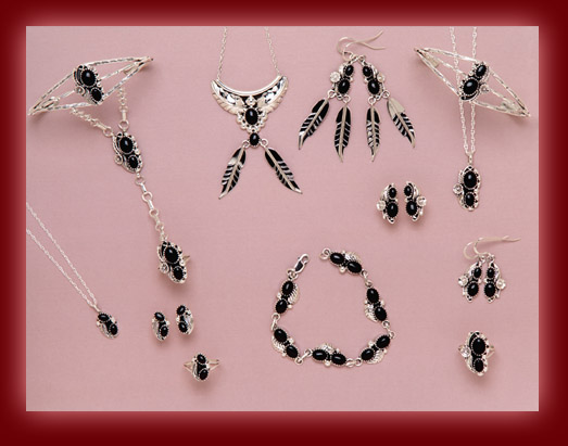 Sterling silver settings of Black Onyx are created into beautiful pendants, earrings bracelets, Rings, and a ring & bracelet combination.
