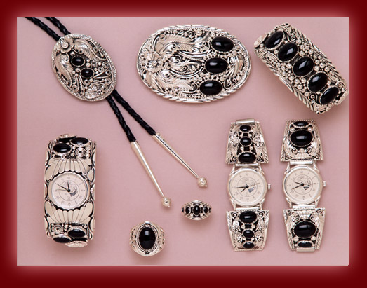 Sterling silver settings of Black Onyx are created into beautiful bolas, watch bands, belt buckles, bracelets, and rings.