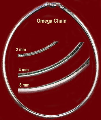 Sterling Silver Omega Chain in sizes of 2 mm, 4 mm, 8 mm, and lengths of 16, 18, and 20 inches