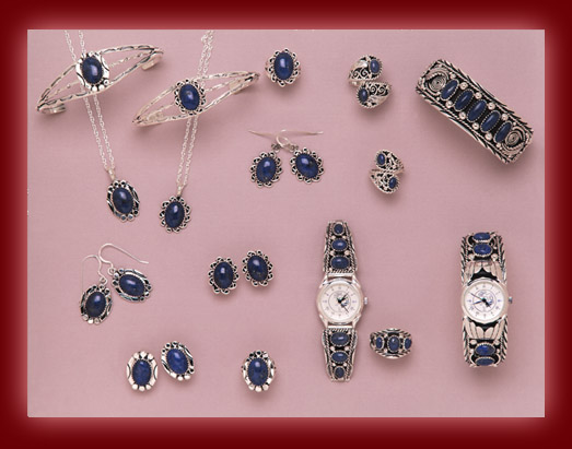 Beautiful silver jewelry settings of Denim Lapis in earrings, rings, bracelets, necklaces, and watch bands.