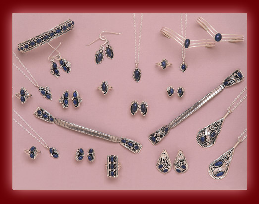 Beautiful silver jewelry settings of Denim Lapis in pendants, earrings, rings, bracelets, necklaces, and watch bands.