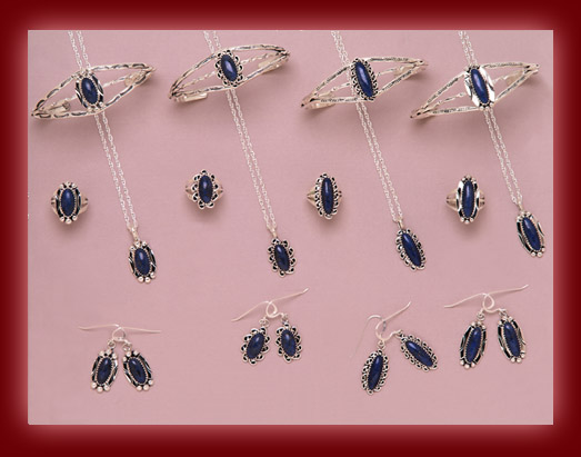 Beautiful silver jewelry settings of Denim Lapis in pendants, earrings, rings, bracelets, and necklaces.