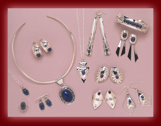 Beautiful silver jewelry settings of Denim Lapis in pendants, earrings, rings, bolas, bracelets, necklaces, and watch bands.