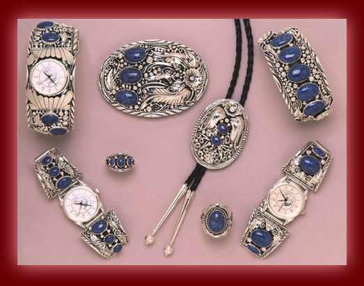 Beautiful silver jewelry settings of Denim Lapis in rings, bolas, bracelets, belt buckles, and watch bands.