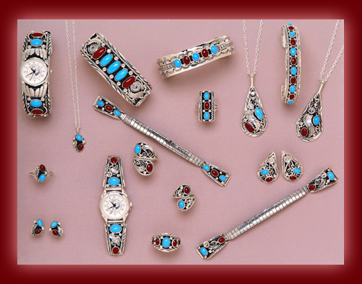 Turquoise and Red Coral gemstones mounted on silver pendants, earrings, necklaces, bolas, bracelets, and watch tips.